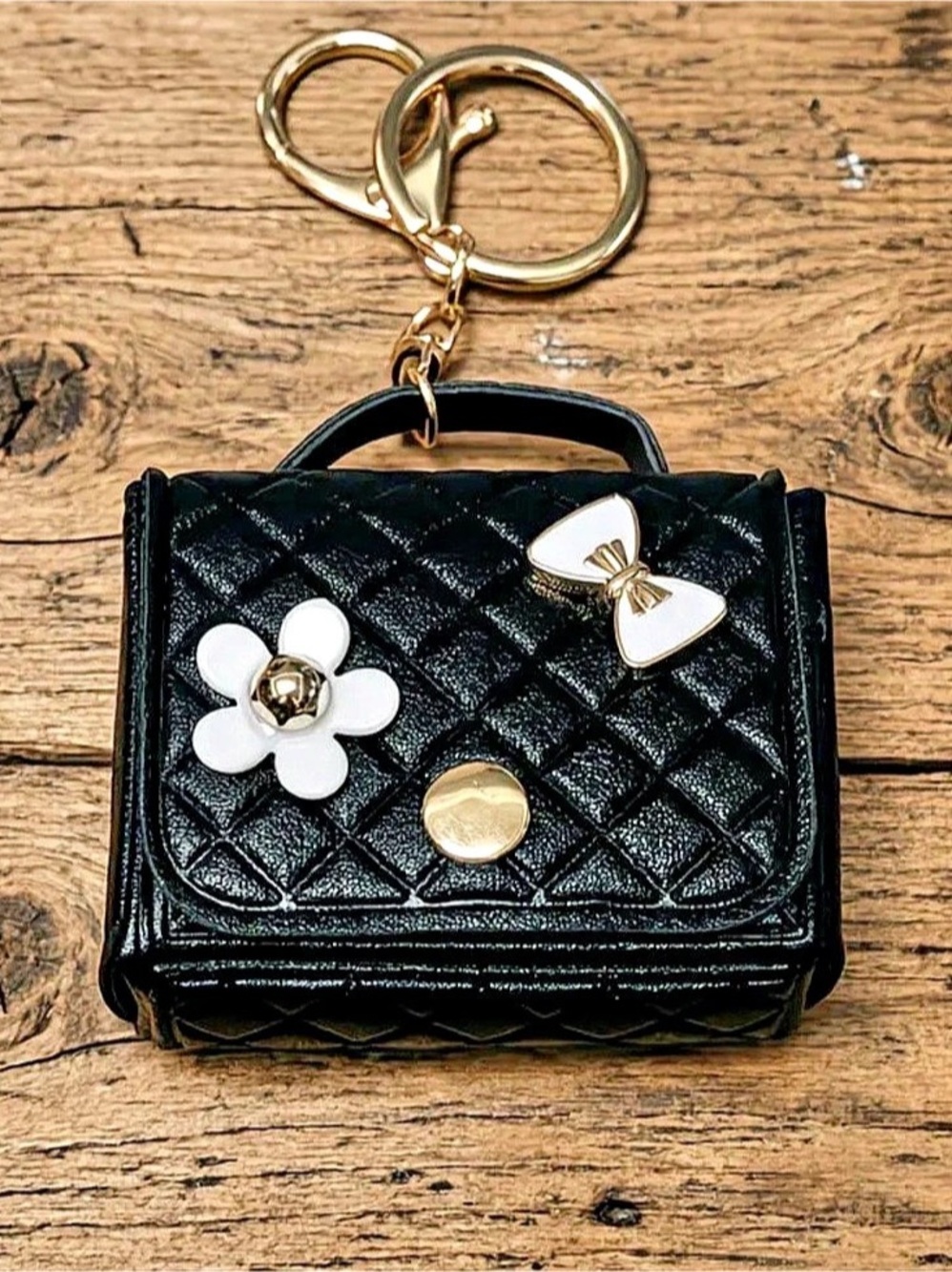 Quilted Mini Bag in Black & Gold key chain brand new in package